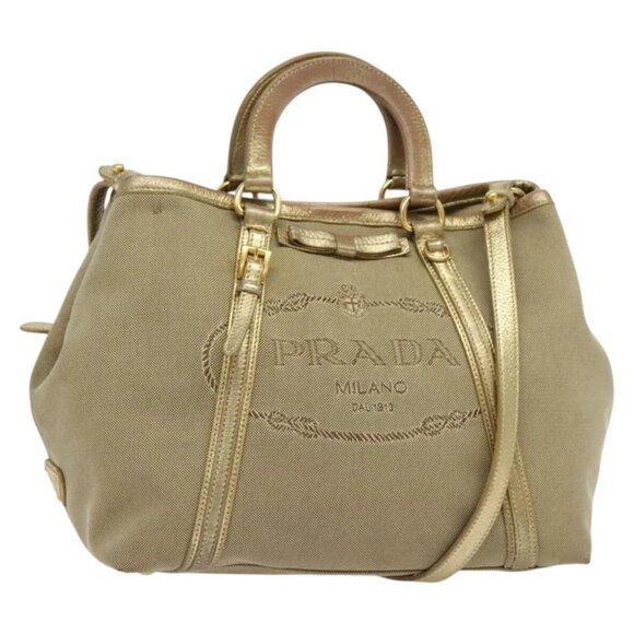 Prada Handbags - PRADA Logo jacquard Hand Bag Canvas 2way Beige Gold Auth 141533